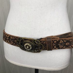 Velez brown leather embossed belt with rhinestone buckle